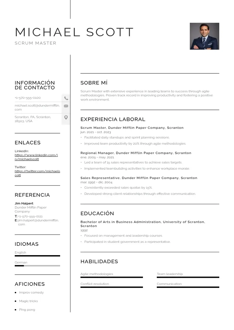 two column cv-maestro-scrum resume example