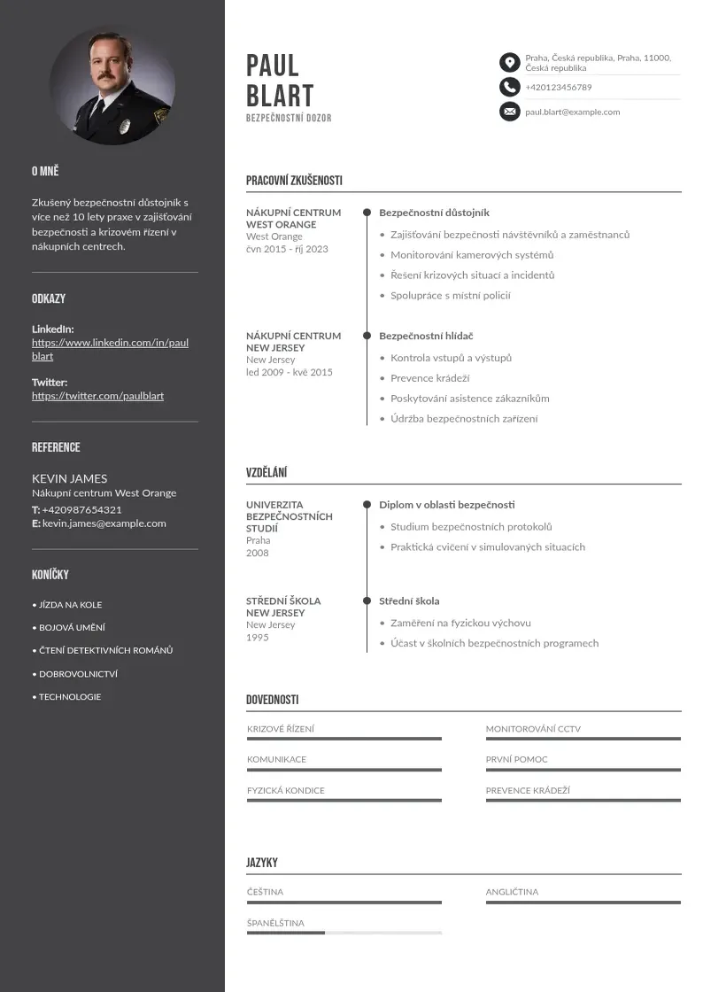 Divu kolonnu Bezpečnostní dozor CV piemērs