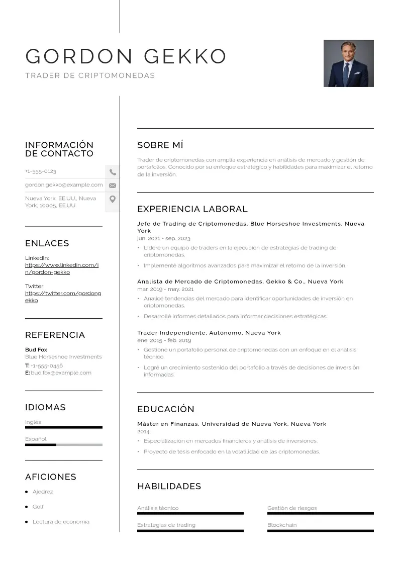 two column trader-de-criptomonedas resume example