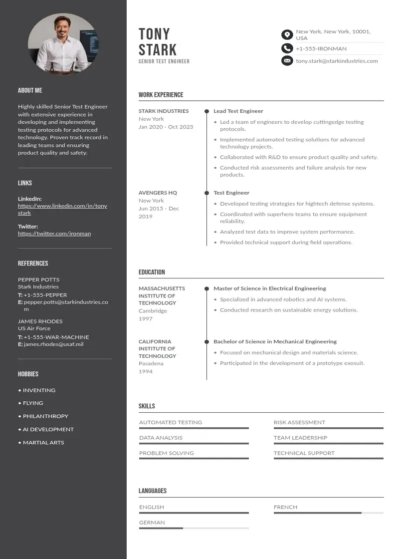 two column senior-test-engineer-resume resume example