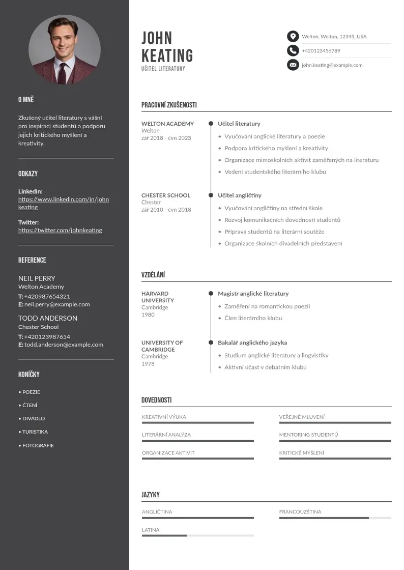 Divu kolonnu Ucitel zivotopis CV piemērs
