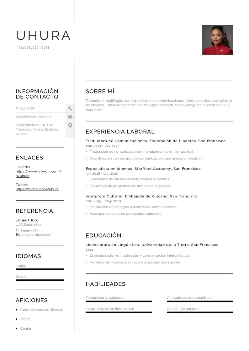 two column cv-de-traductor resume example