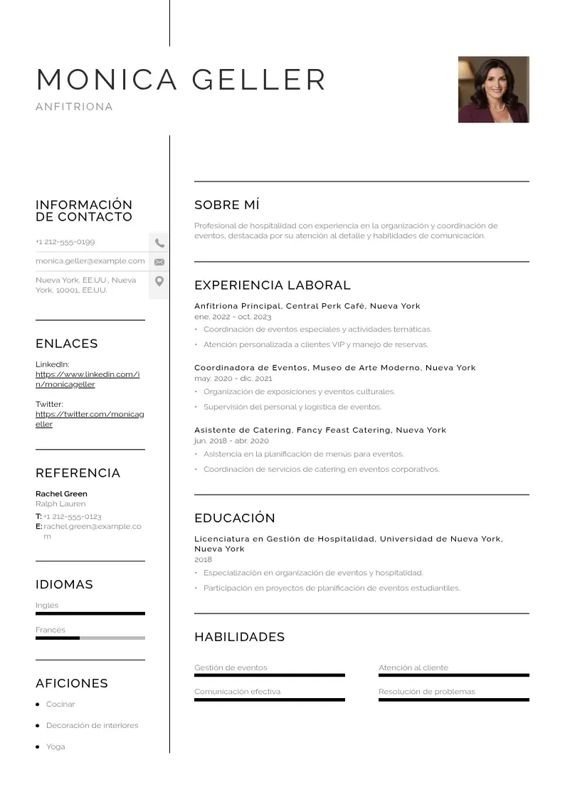 two column cv-anfitriona resume example