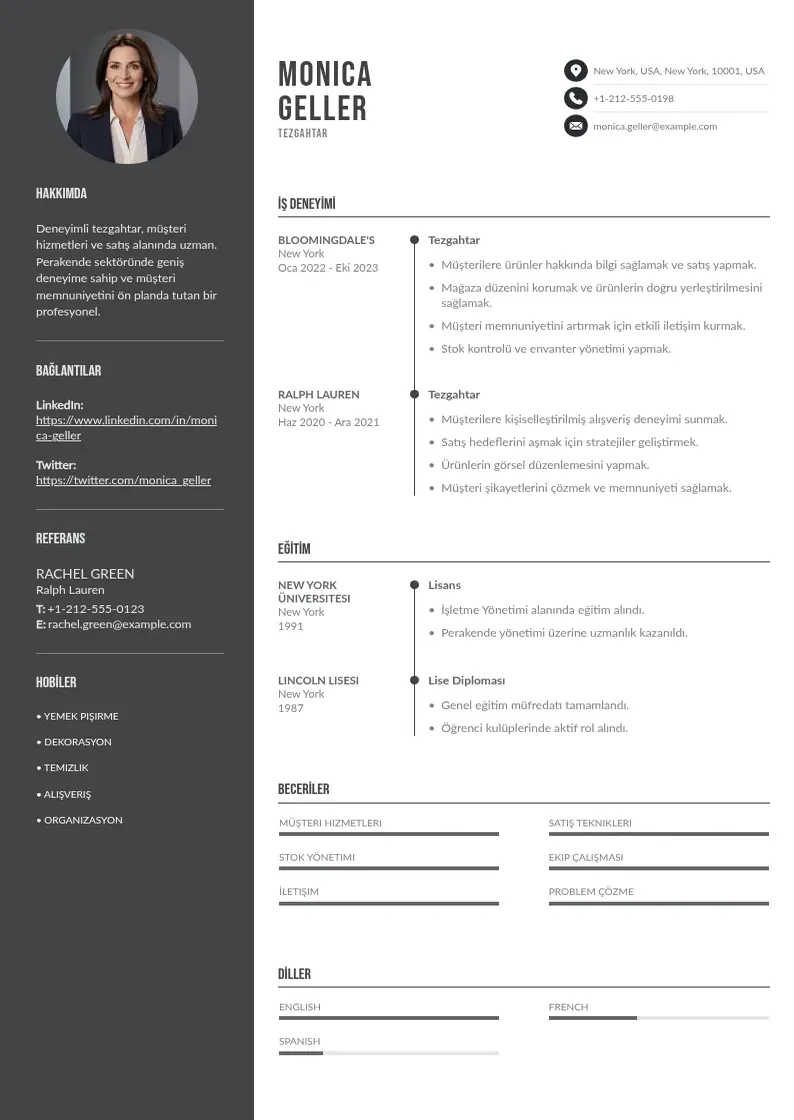 Divu kolonnu Tezgahtar  CV piemērs