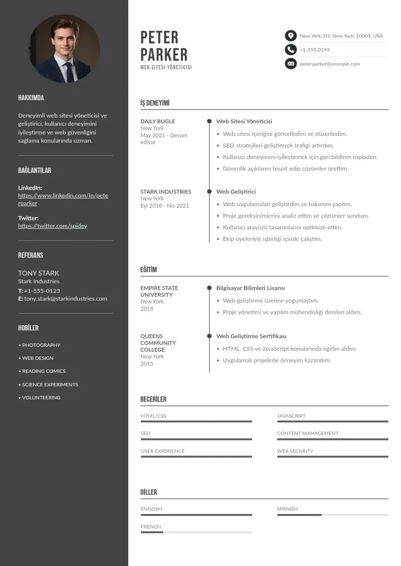 Divu kolonnu Web Sitesi Yöneticisi  CV piemērs