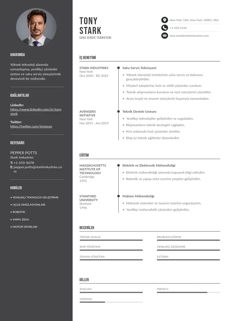 Divu kolonnu Saha Servis Teknisyeni  CV piemērs