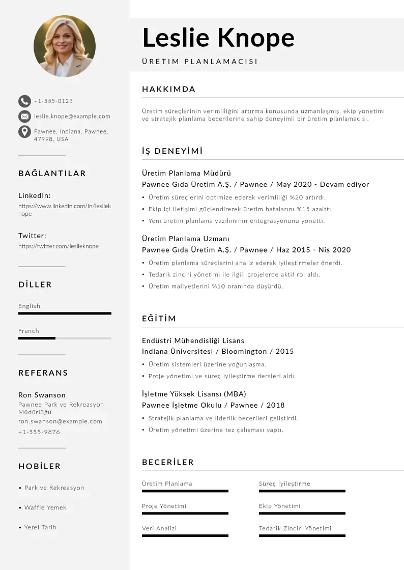 Mūsdienīga Üretim planlamacısı  CV veidne