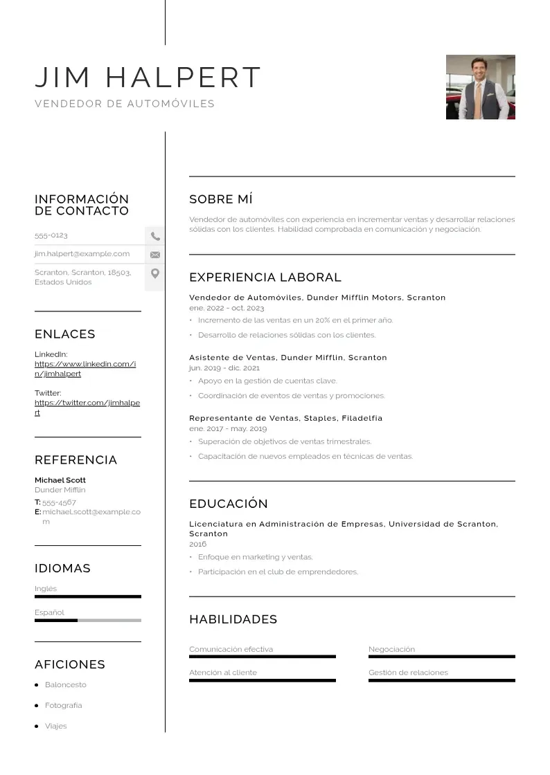 two column cv-vendedor-de-automoviles resume example