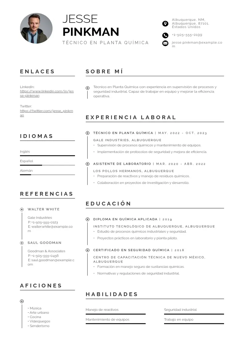 two column tecnico-en-planta-quimica resume example