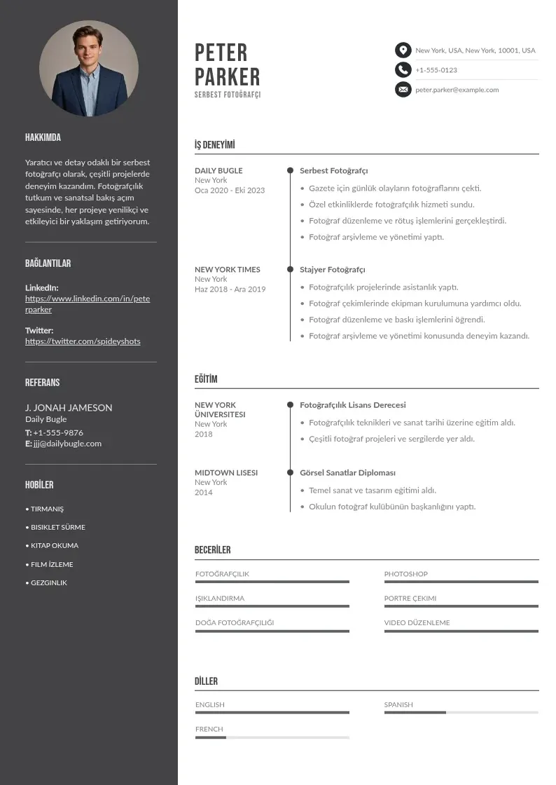 Divu kolonnu Serbest fotoğrafçı  CV piemērs