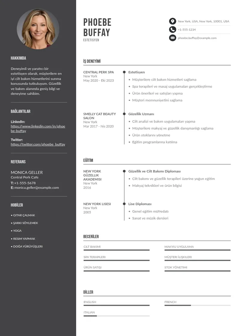 Divu kolonnu Estetisyen CV piemērs
