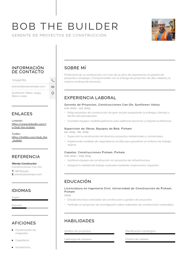 two column cv-gerente-de-proyectos-de-construccion resume example