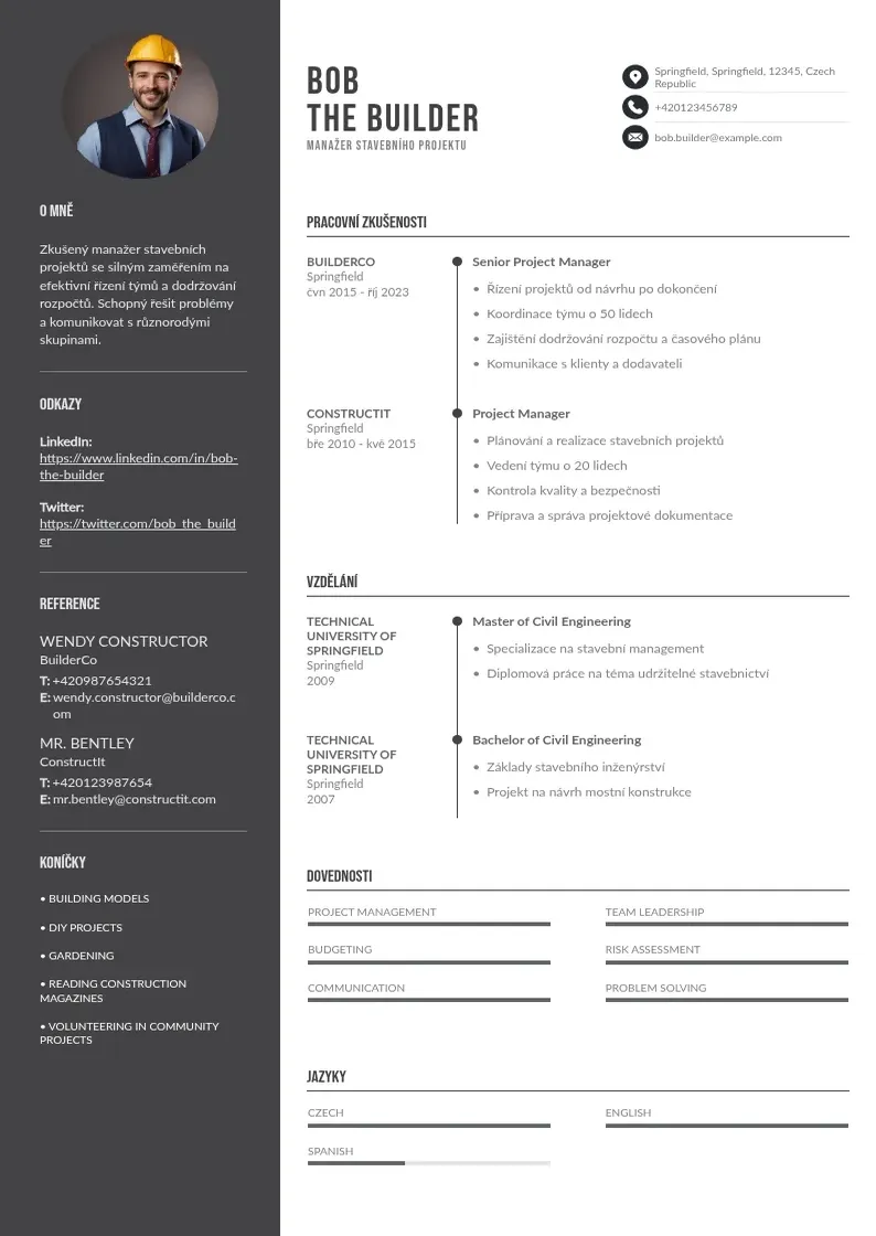 Divu kolonnu Manazera stavebniho projektu zivotopis CV piemērs