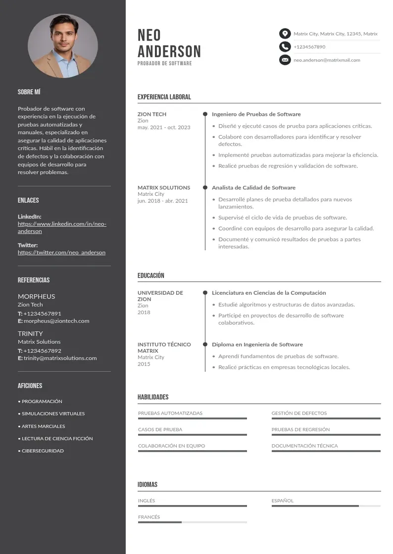 two column cv-probador-de-software resume example