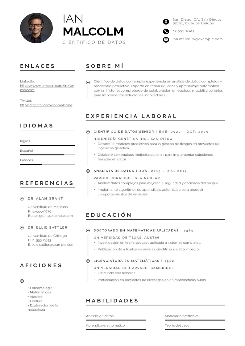 two column curriculum-de-cientifico-de-datos resume example