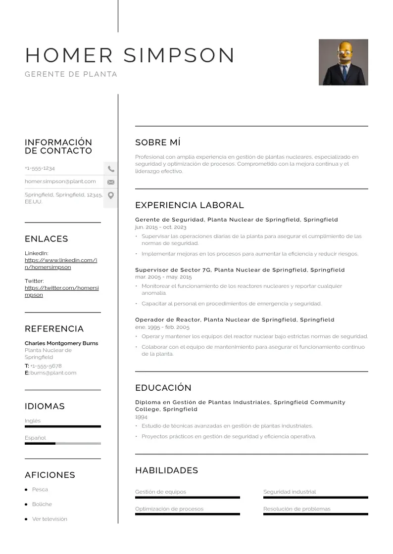 two column gerente-de-la-planta resume example