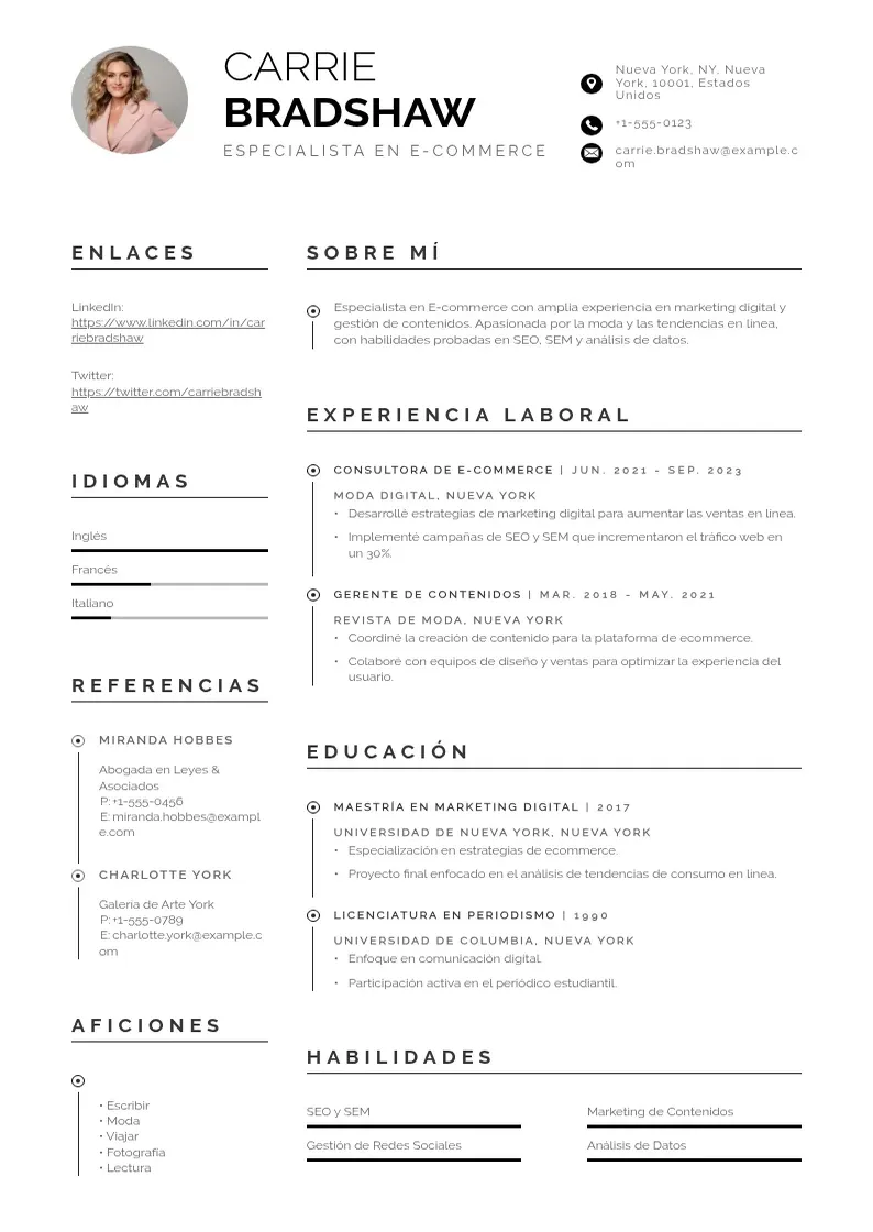 two column especialista-en-e-commerce resume example