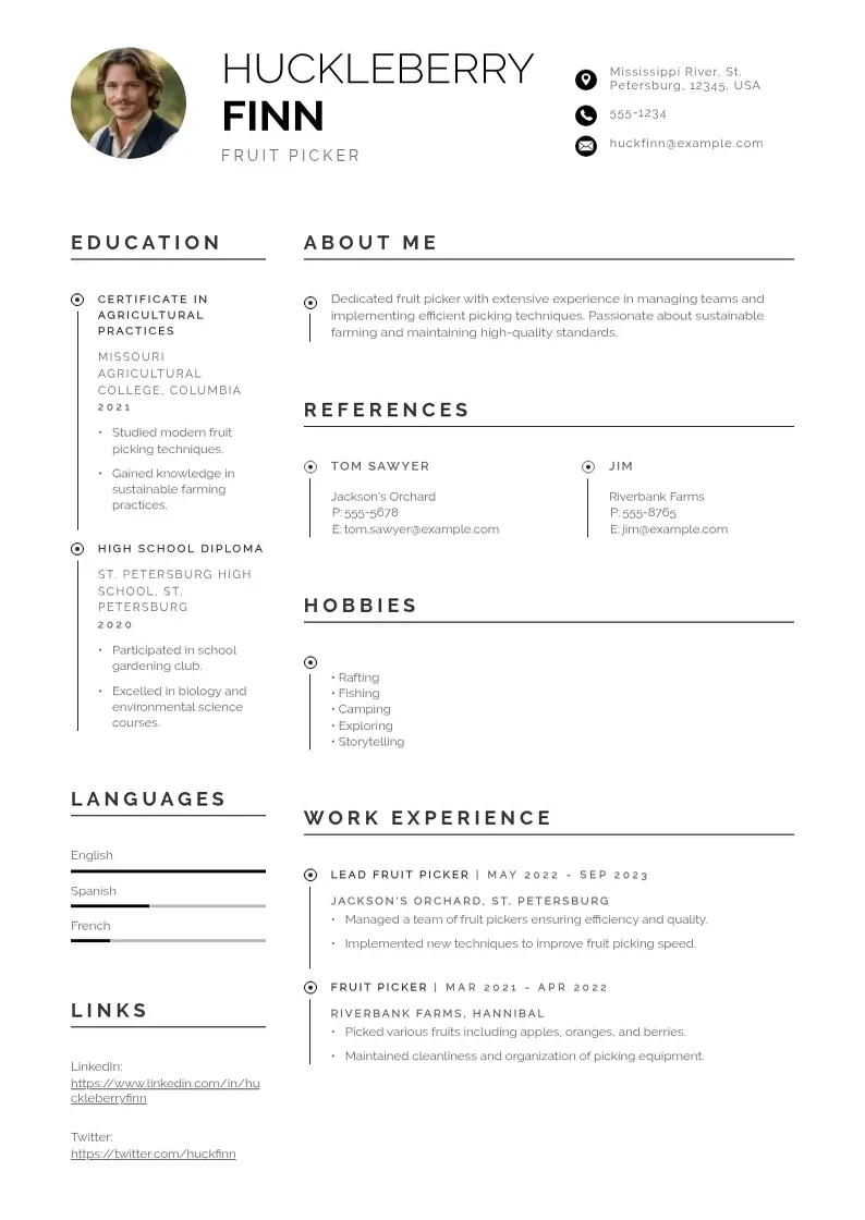 professional Fruit picker resume resume template