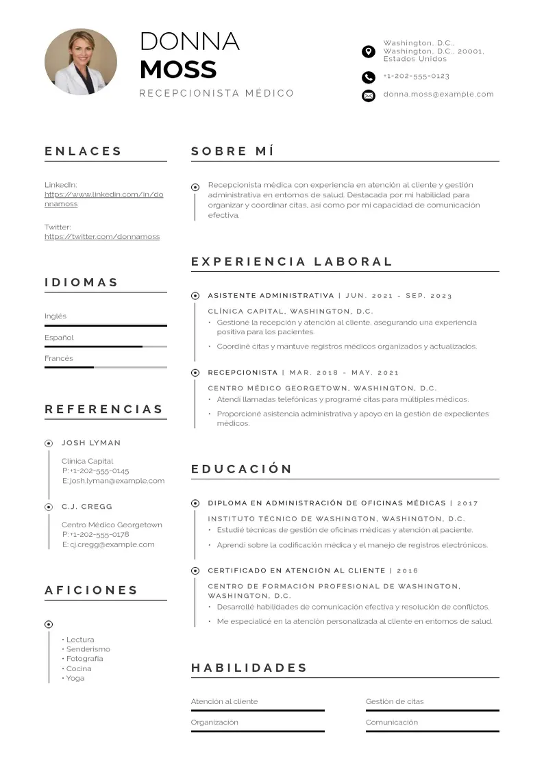 two column cv-recepcionista-medico resume example