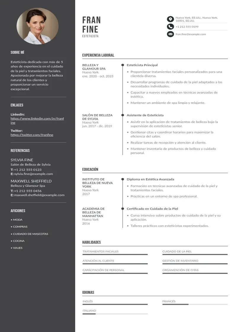two column cv-de-esteticista resume example