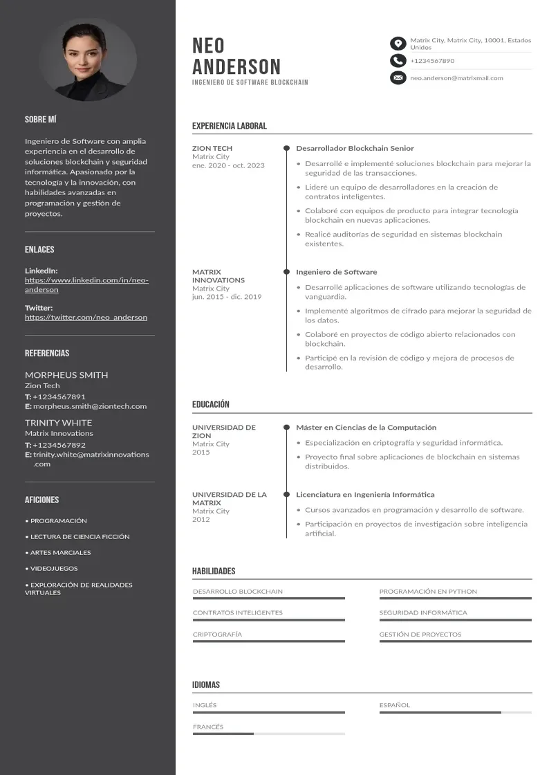 two column ingeniero-de-software-blockchain resume example
