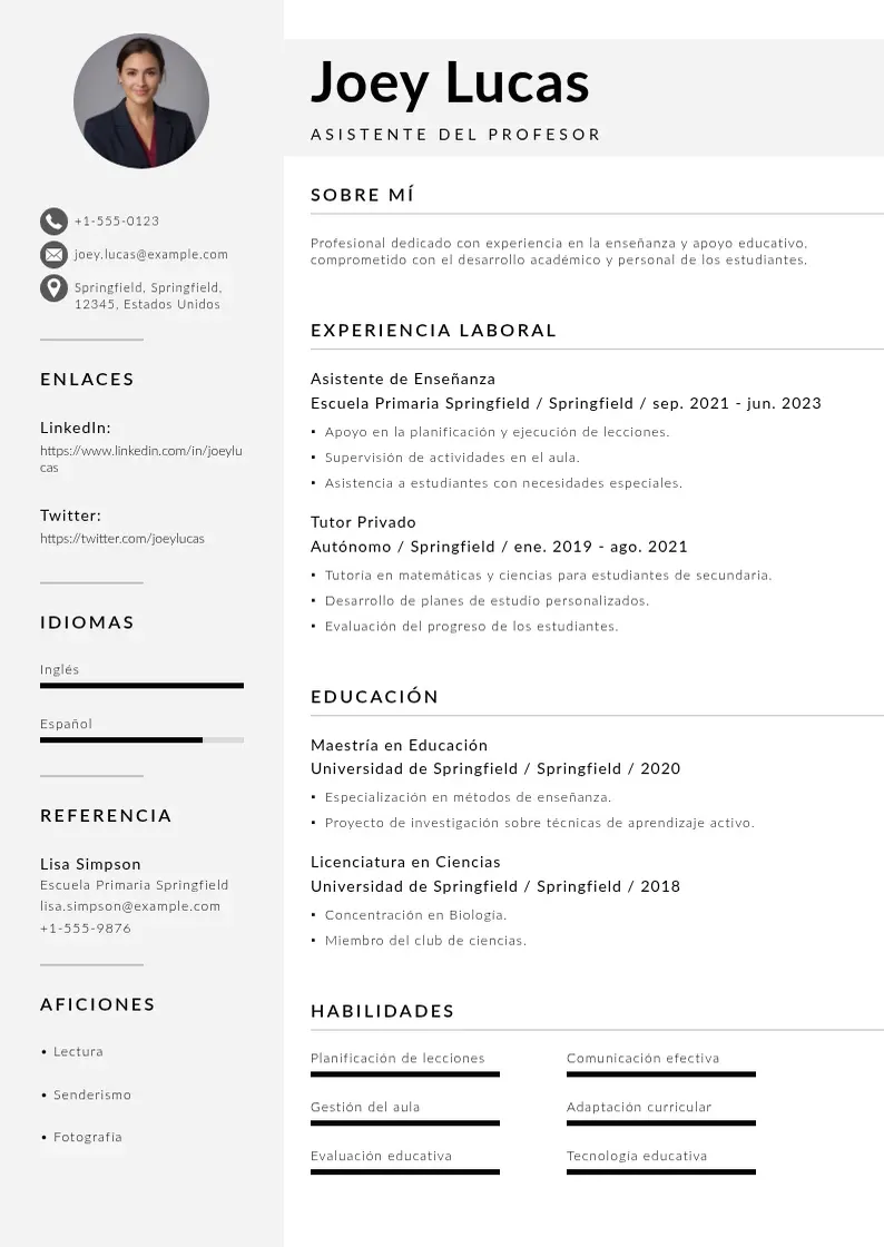 two column cv-asistente-del-profesor resume example