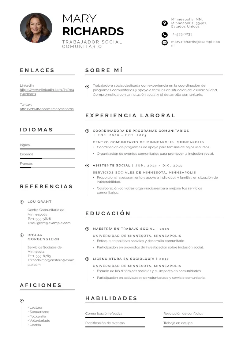 two column trabajador-social-comunitario resume example