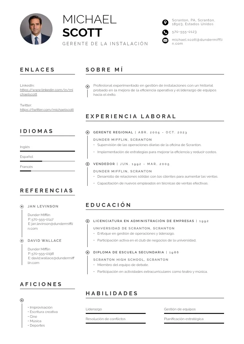 two column cv-gerente-de-la-instalacion resume example