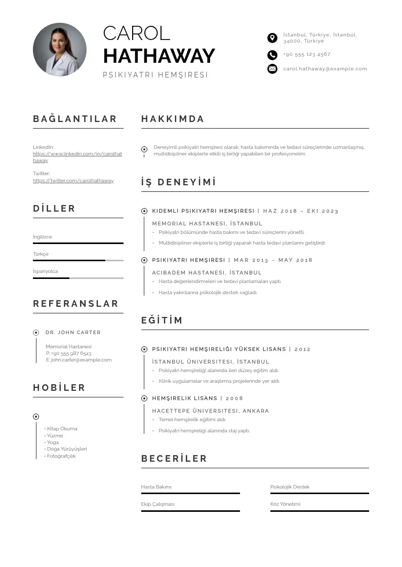 Profesionāla Psikiyatri Hemşiresi  CV veidne
