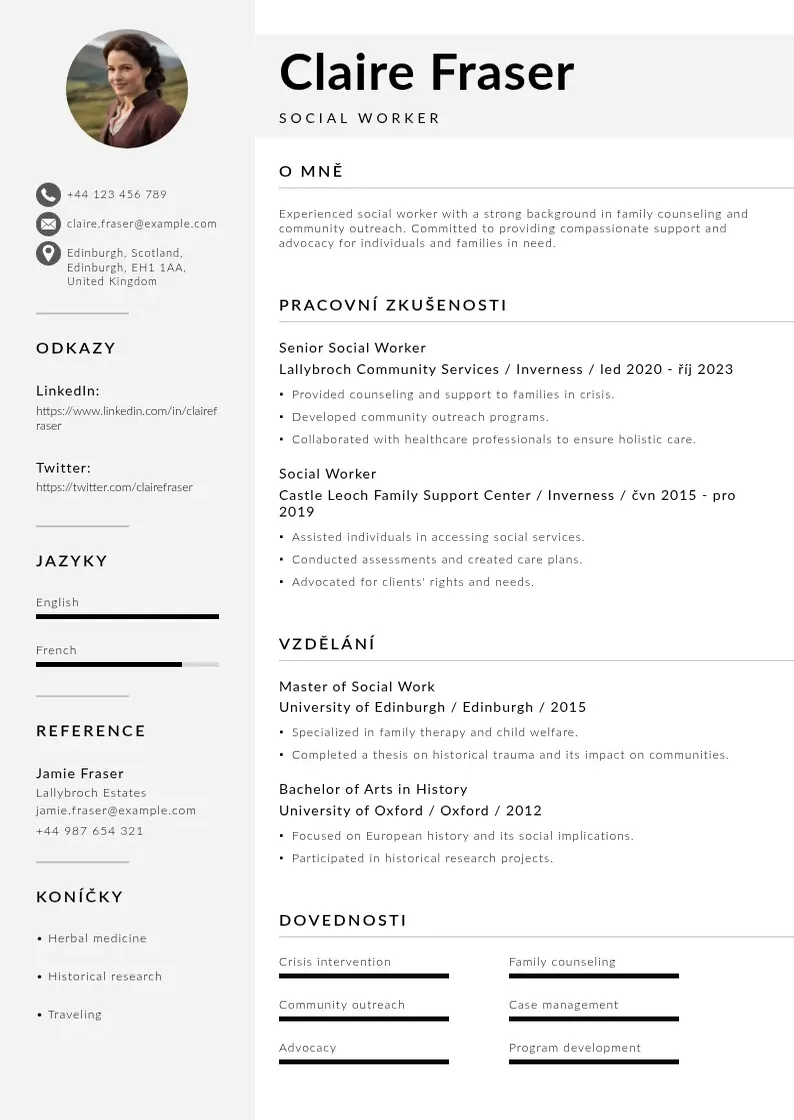 Mūsdienīga Zivotopis socialniho pracovnika CV veidne