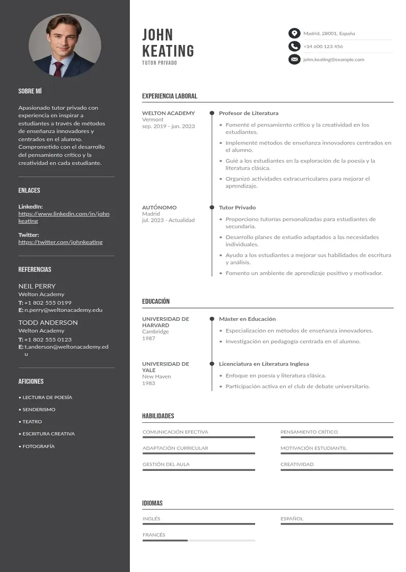 two column tutor-privado resume example