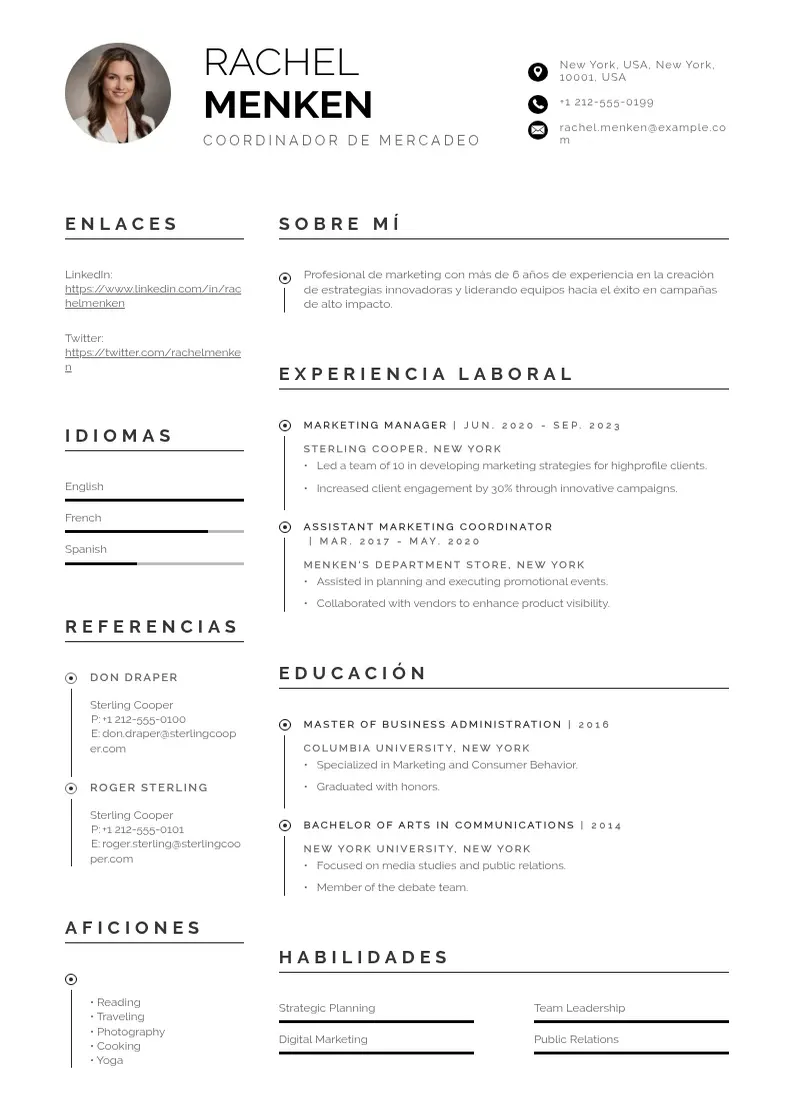 two column cv-coordinador-de-mercadeo resume example