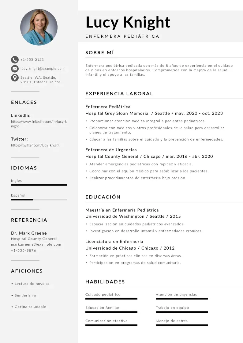 two column cv-enfermera-pediatrica resume example