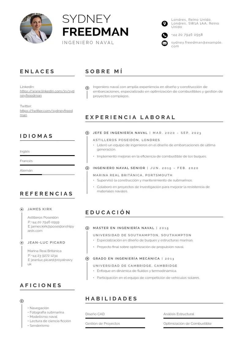 two column ingeniero-naval resume example