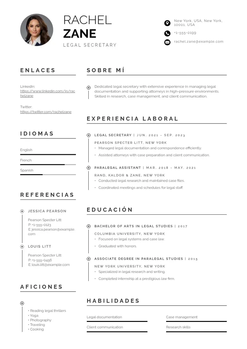 two column secretaria-legal resume example