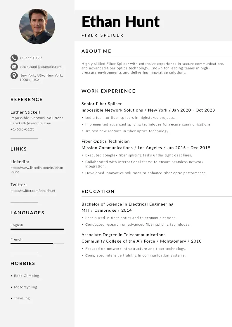 modern Fiber splicer resume resume template