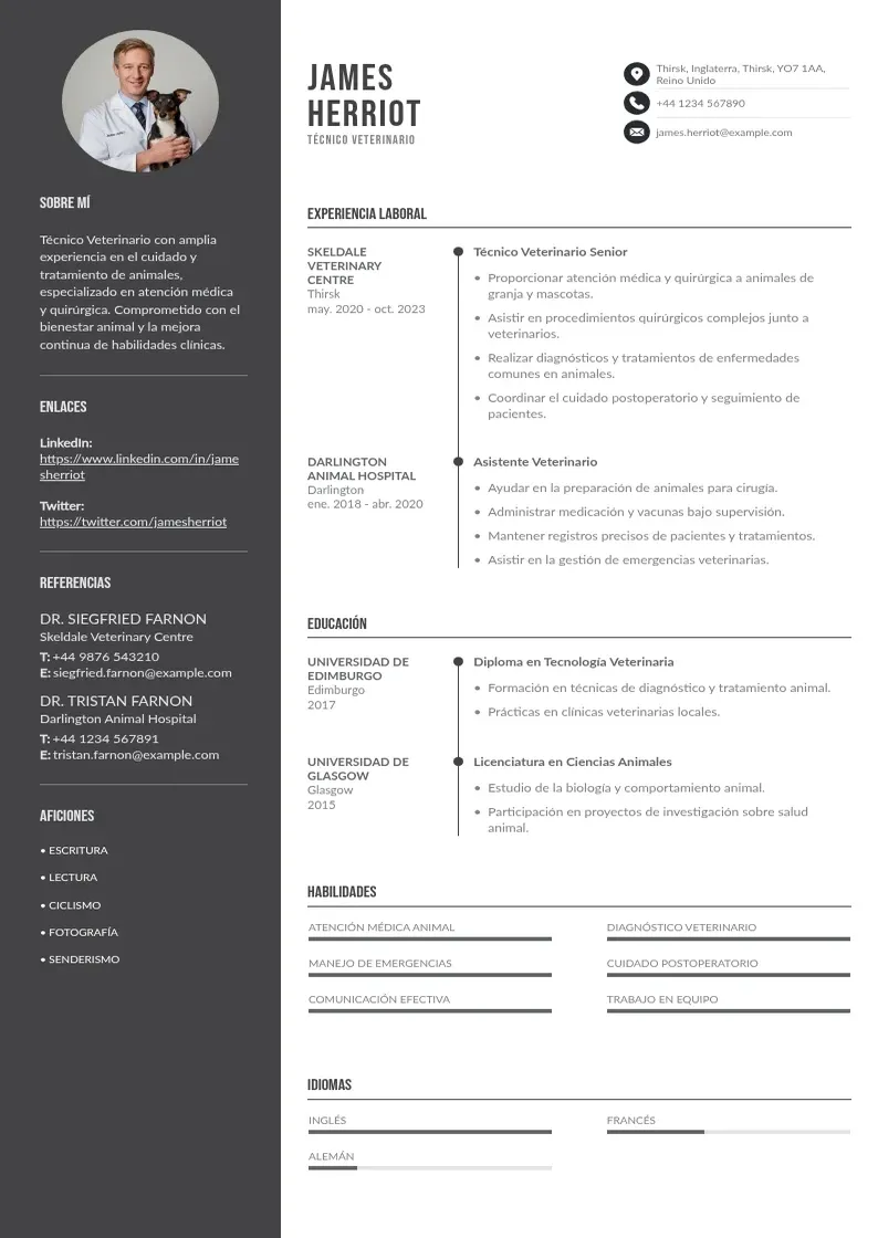 two column cv-tecnico-veterinario resume example