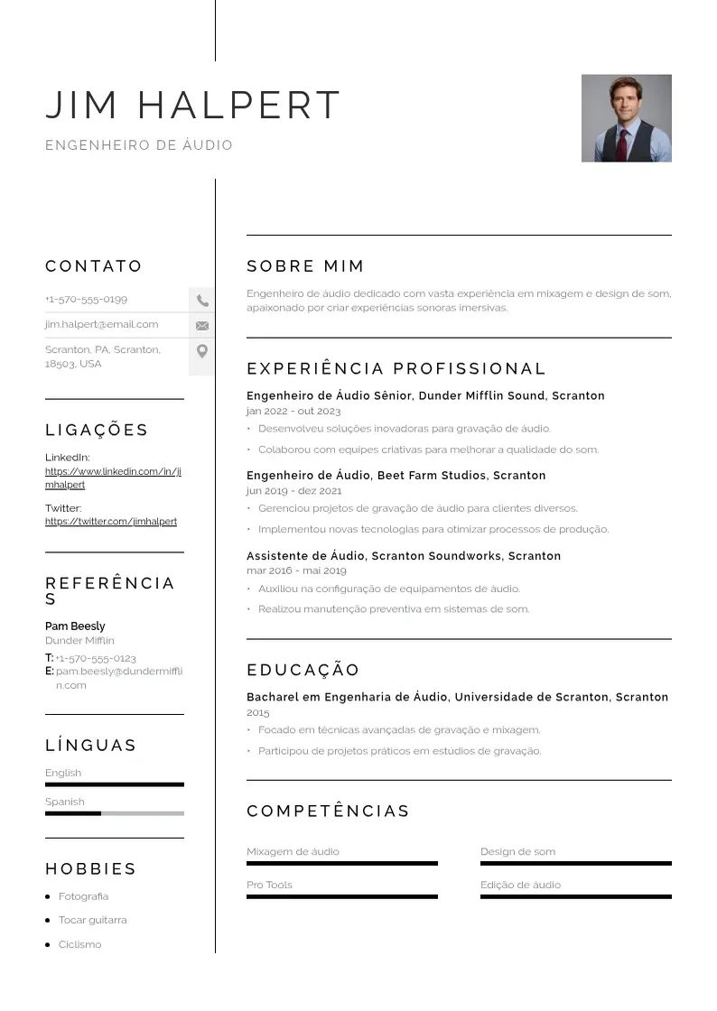 Exemplo de currículo simples de De engenheiro de audio