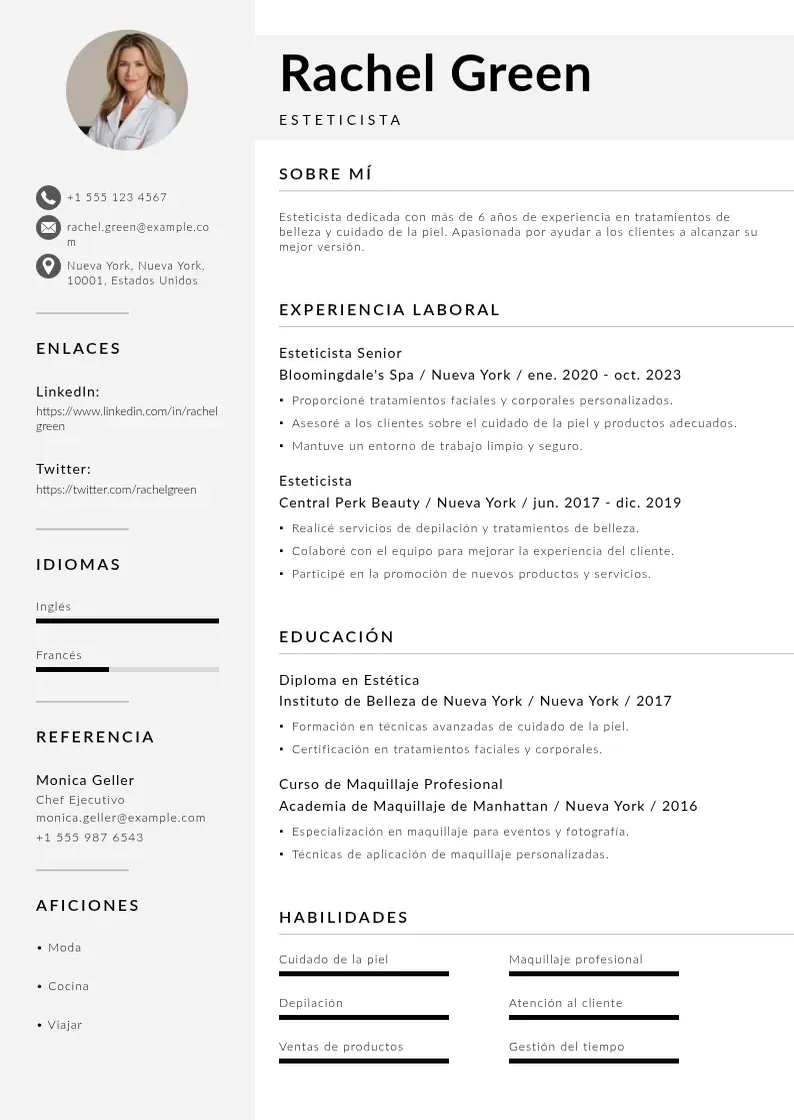 two column cv-de-esteticista resume example