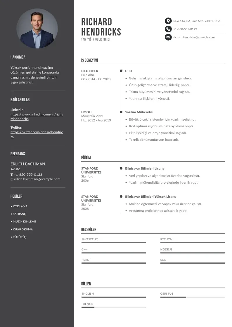 Divu kolonnu Tam Yığın Geliştirici  CV piemērs