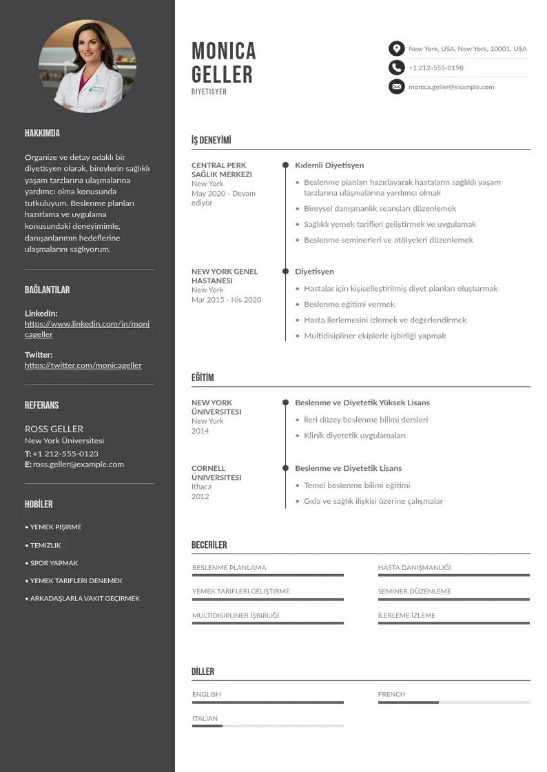 Divu kolonnu Diyetisyen CV piemērs