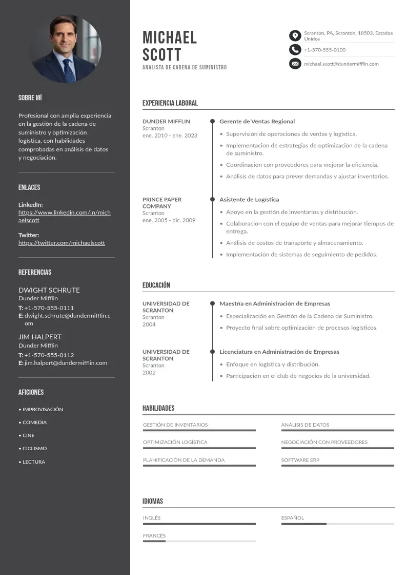 two column cv-analista-de-cadena-de-suministro resume example