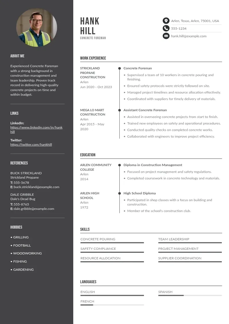 two column concrete-foreman-resume resume example