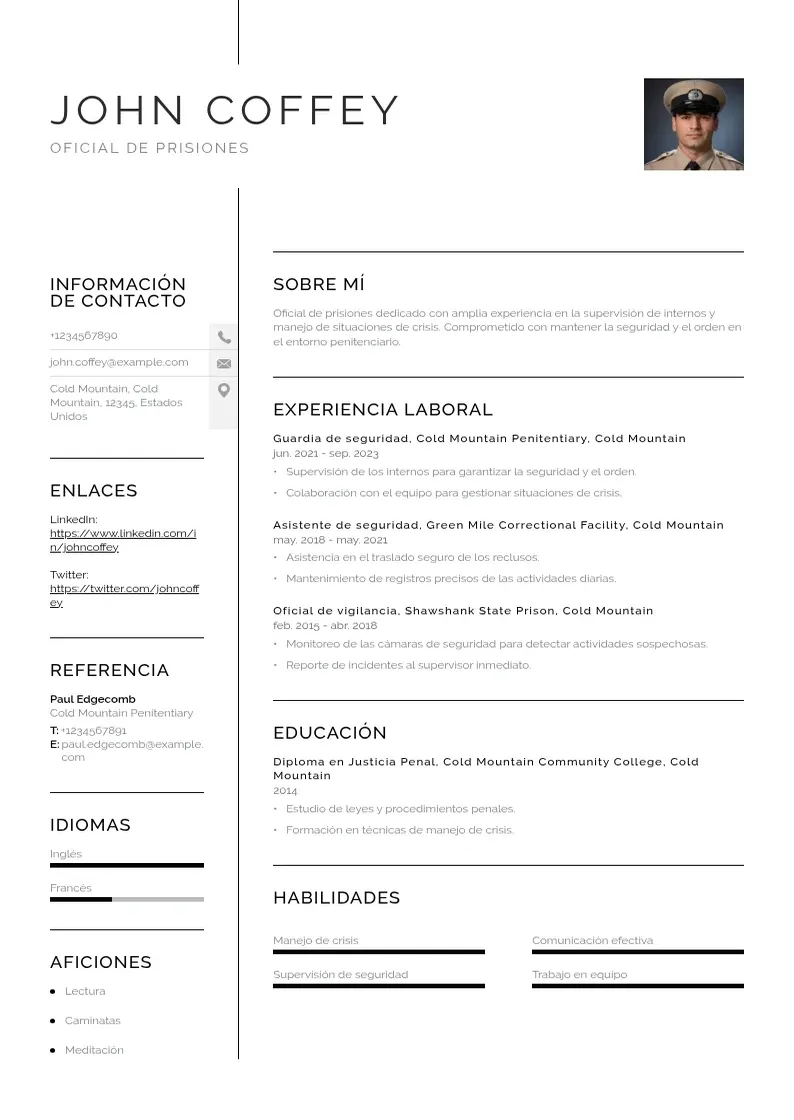 two column cv-oficial-de-prisiones resume example