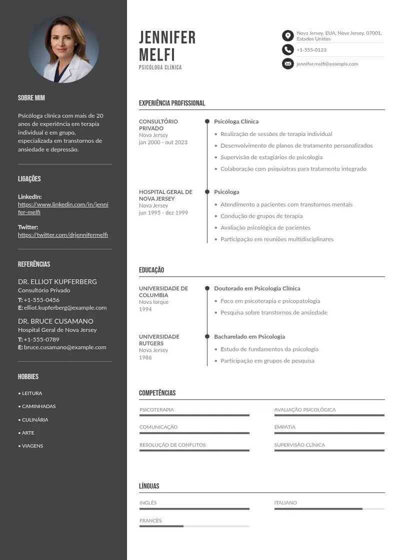 Exemplo de currículo de De psicologo clinico em duas colunas