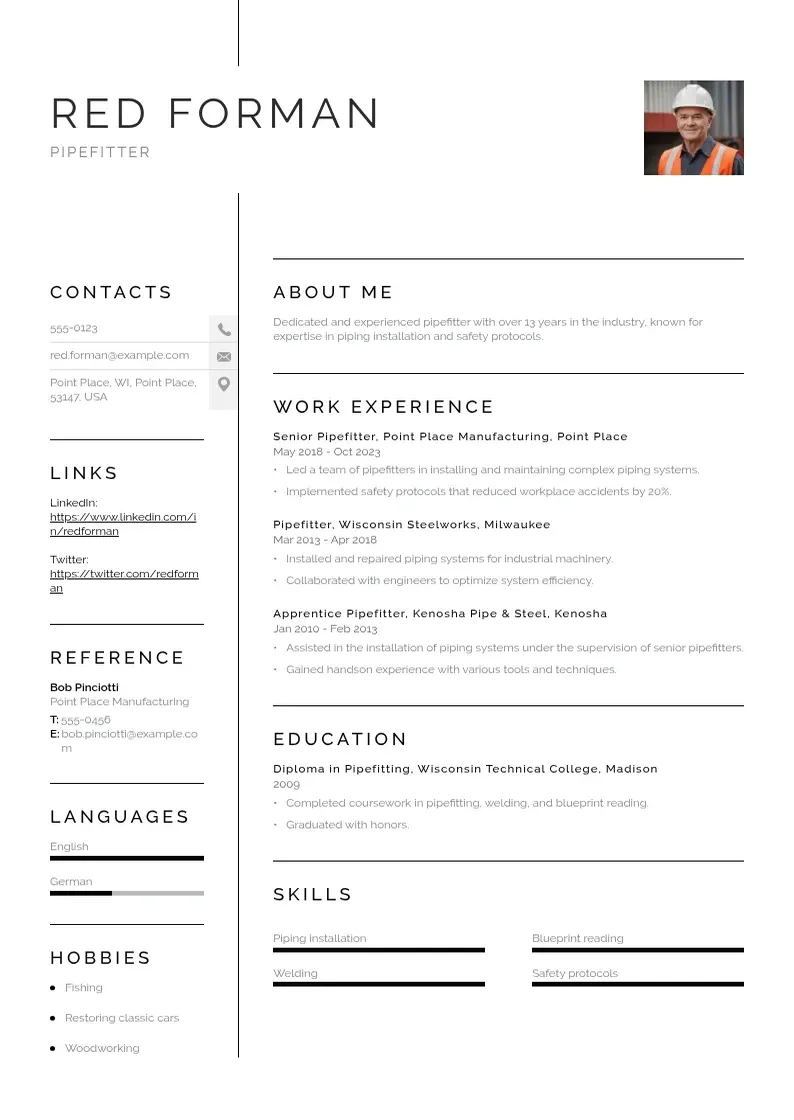 simple Pipefitter resume resume example