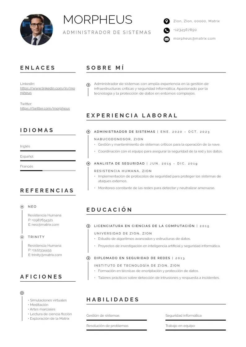 two column cv-administrador-de-sistema resume example