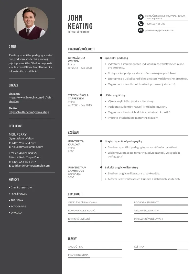 Divu kolonnu Specialniho pedagoga zivotopis CV piemērs
