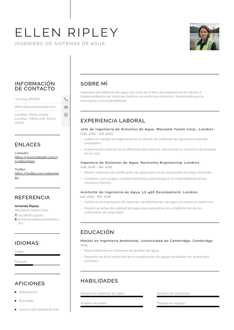 two column ingeniero-de-sistemas-de-agua resume example