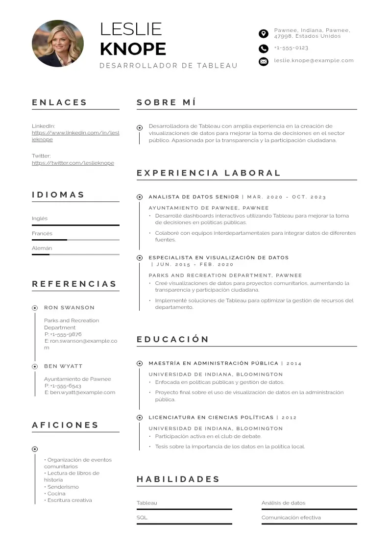 two column desarrollador-de-tableau resume example